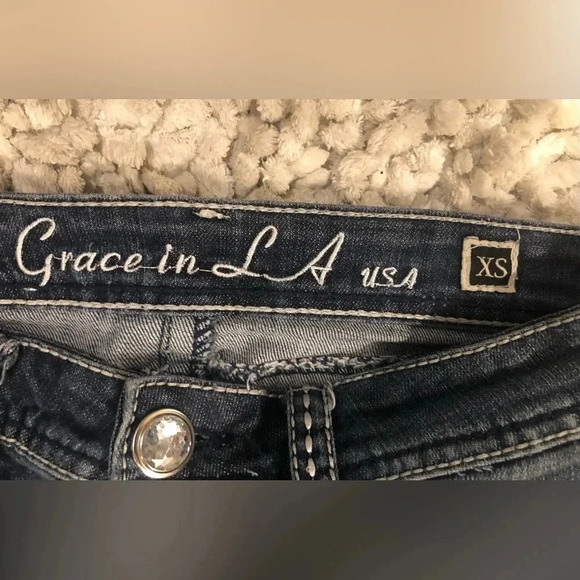 Grace In LA Bling Stretch Jean Crystal Embellished Distressed Frayed Skirt - Picture 4 of 8